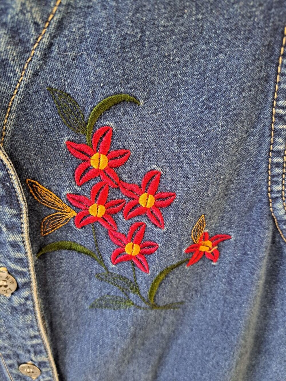 Vtg Denim Embroidered Dress Floral Button-Up Sleeveless Pockets S Cotton Teacher - Picture 3 of 10